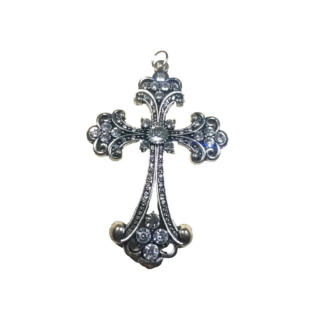 Large Cross Pendant Silver Tone Rhinestone Elegant Religious